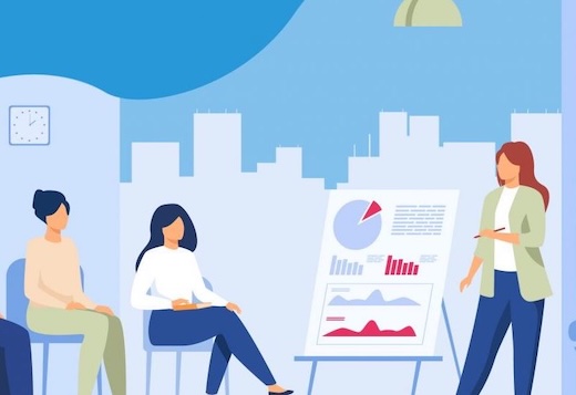 a woman presenting to two other women